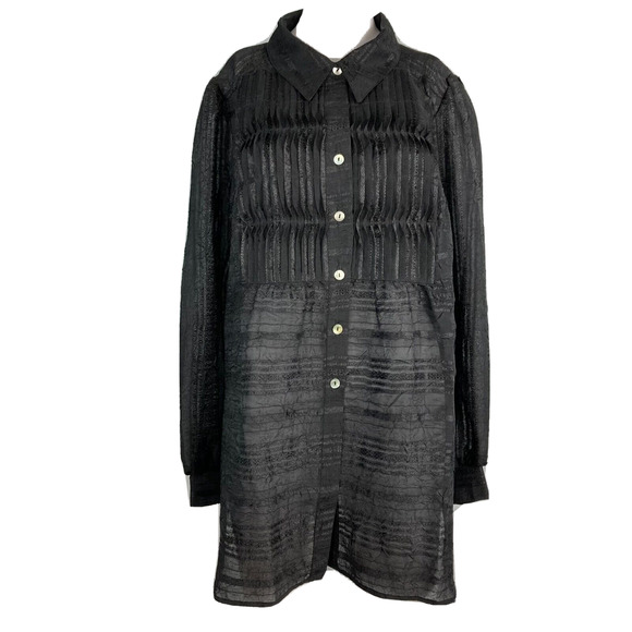 George Simonton Says Shirt Womens Sz M Black Sheer Lace Pleated Button Tunic - Picture 1 of 7